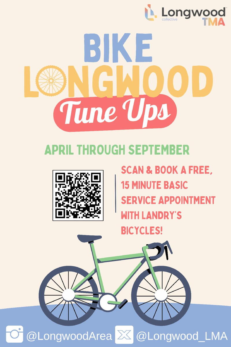 poster advertising bike longwood tune ups with a qr code and bicycle graphic