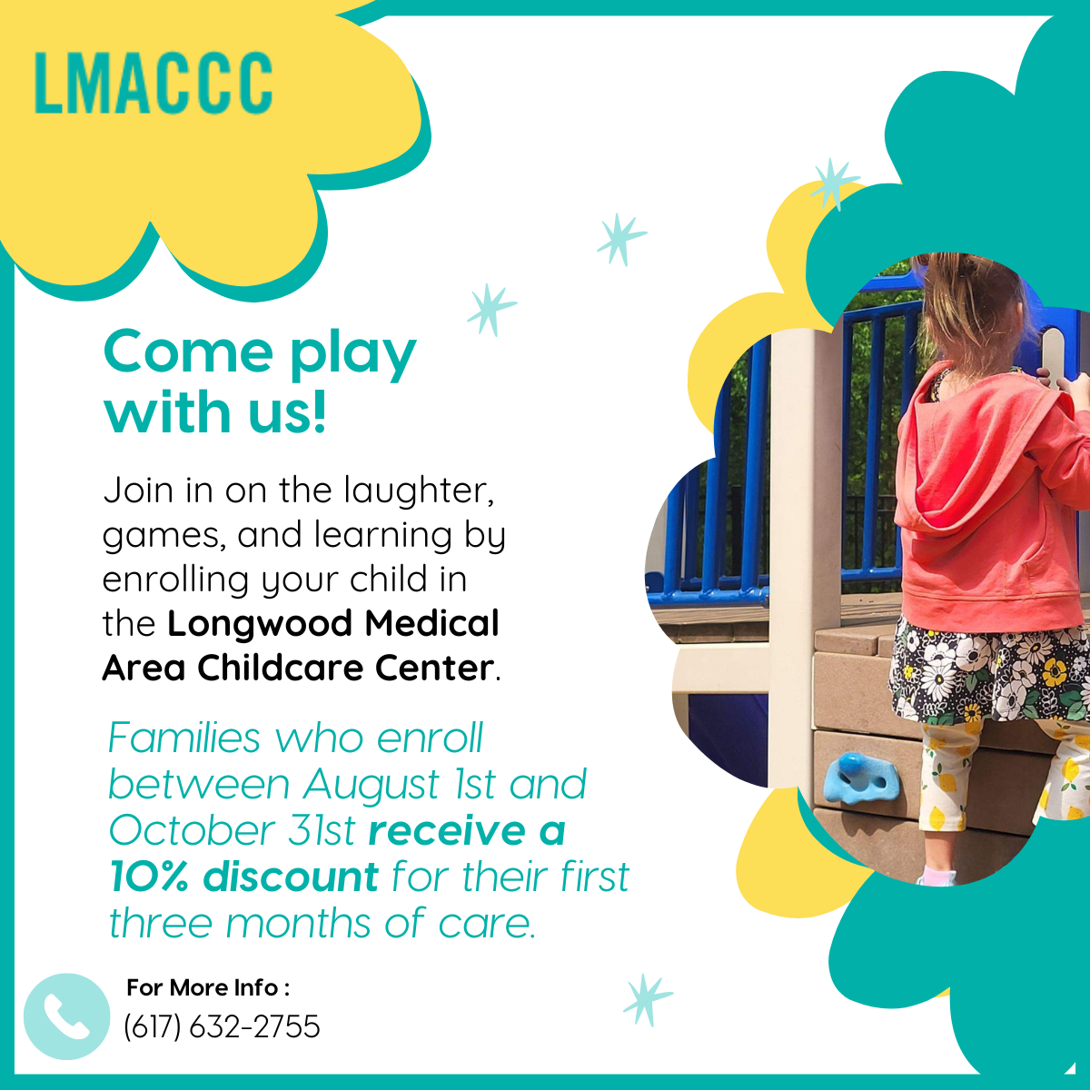 child care center promotion graphic including a photo of a student